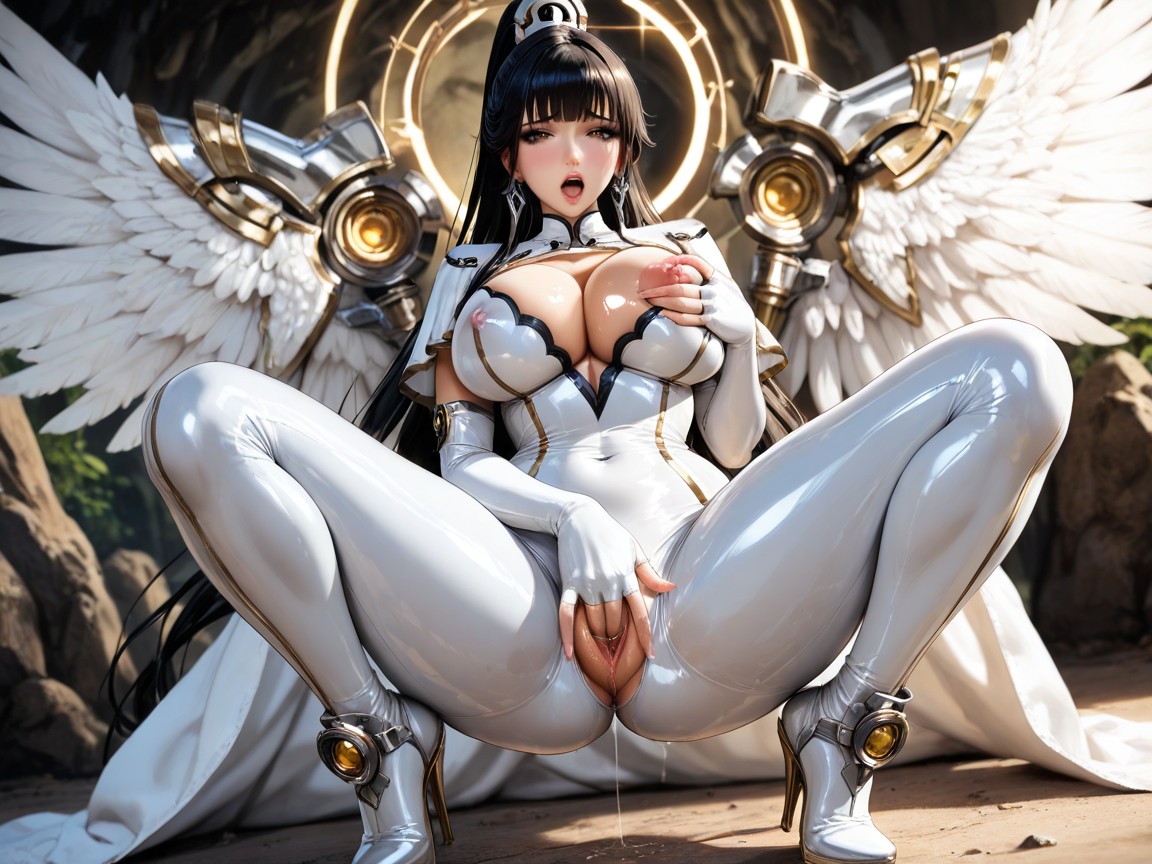 Female Masturbation, Futuristic Gothic White And Grey Sleeveless Combat Full Bodysuit, Rounded Ass Hentai AI Porn