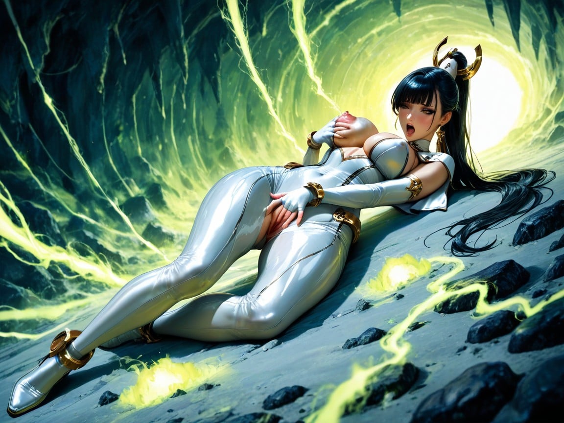 Best Detailed Hair, Oversized Futuristic White Metal Head Circlet, Clawed Shoes Hentai AI Porn