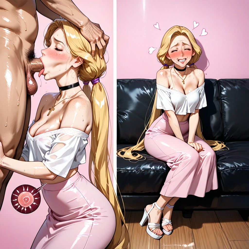 Sheer Pink Crop Top, Incredibly Beautiful Seductive Rapunzel, Sexy Hentai AI Porn