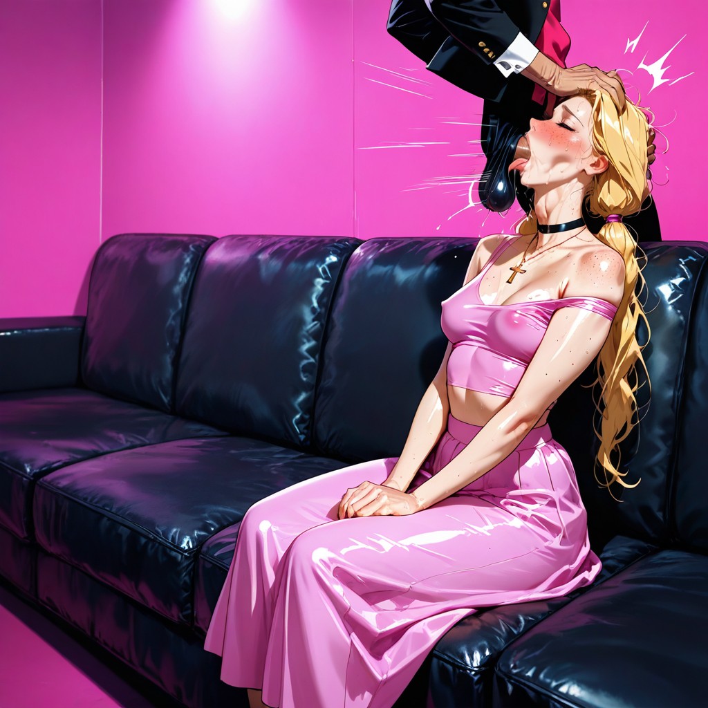 Precum, Black Couch, Sheer Pink Crop Top Hentai AI Porn