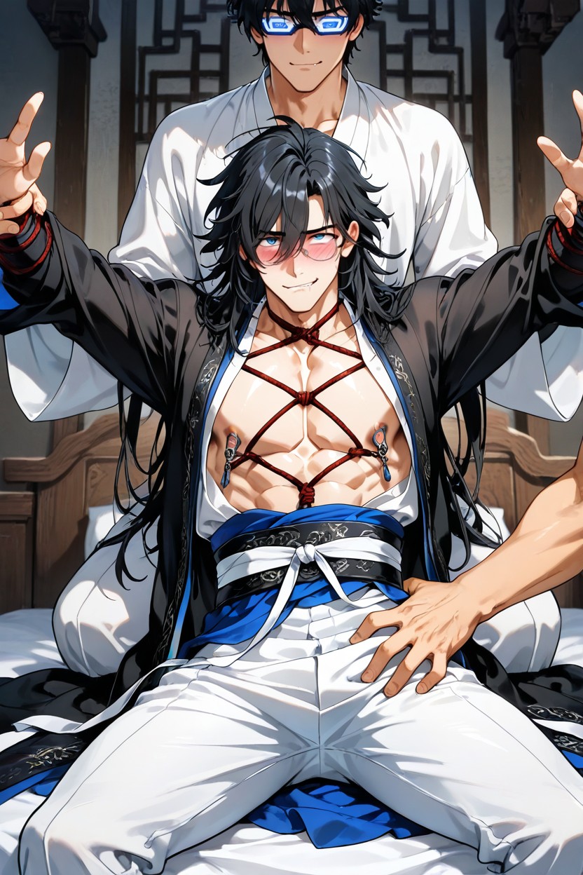 Hypnotic Virtual Reality Glasses On Greek Male God, Luxurious Look, Lying On The Bed AI同性戀黃片
