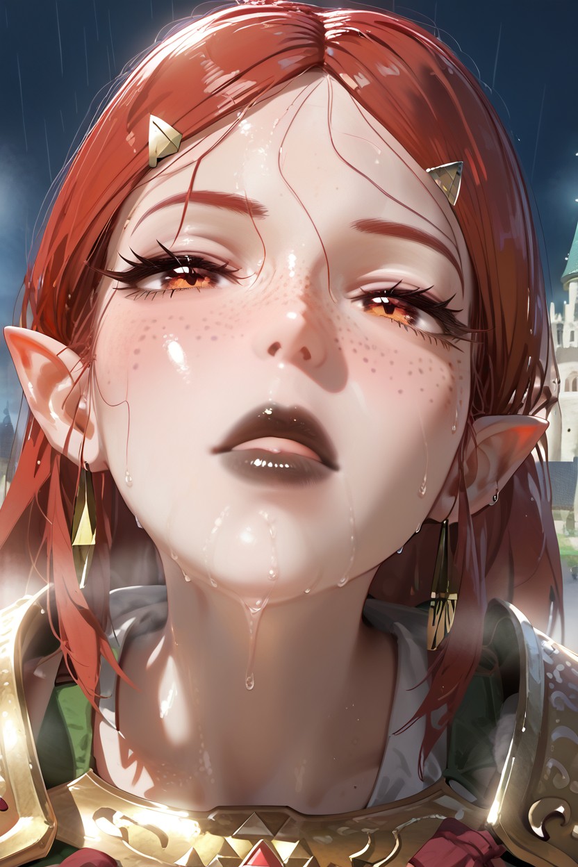 Freckles, Rain, Multiple Earrings AI Porn