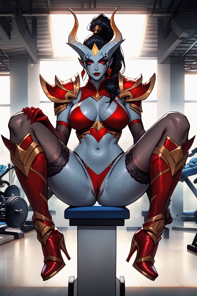 Two Symmetrical Makeup Lines Under Each Eye, Entire Character Visible, Spreading Legs Hentai AI Porn