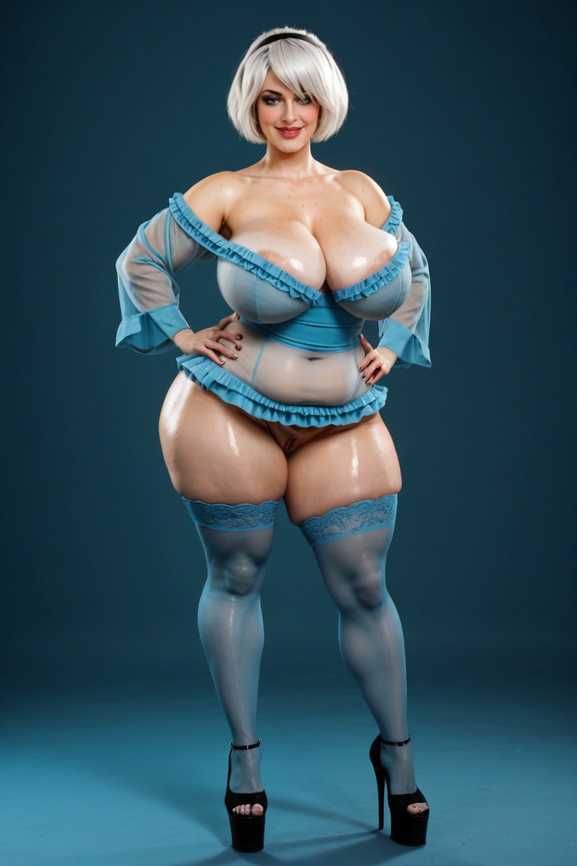 Large Ass, Off-shoulder, Frilly Light Blue Net Stockings AI Porn