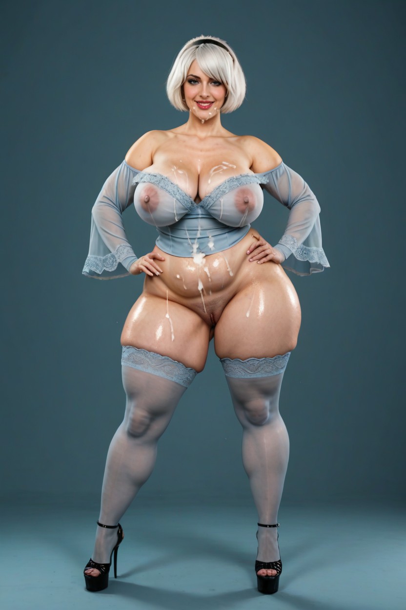 Frilly Light Blue Net Stockings, Hands On Hips, Pink Tie AI Porn