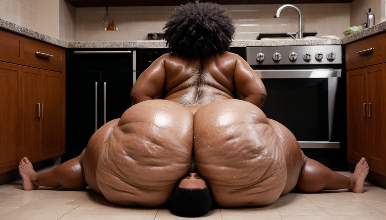 Man Laying On Floor, Woman Receiving Cunnilingus From Faceless Man, Rear Angle Ebony AI Porn