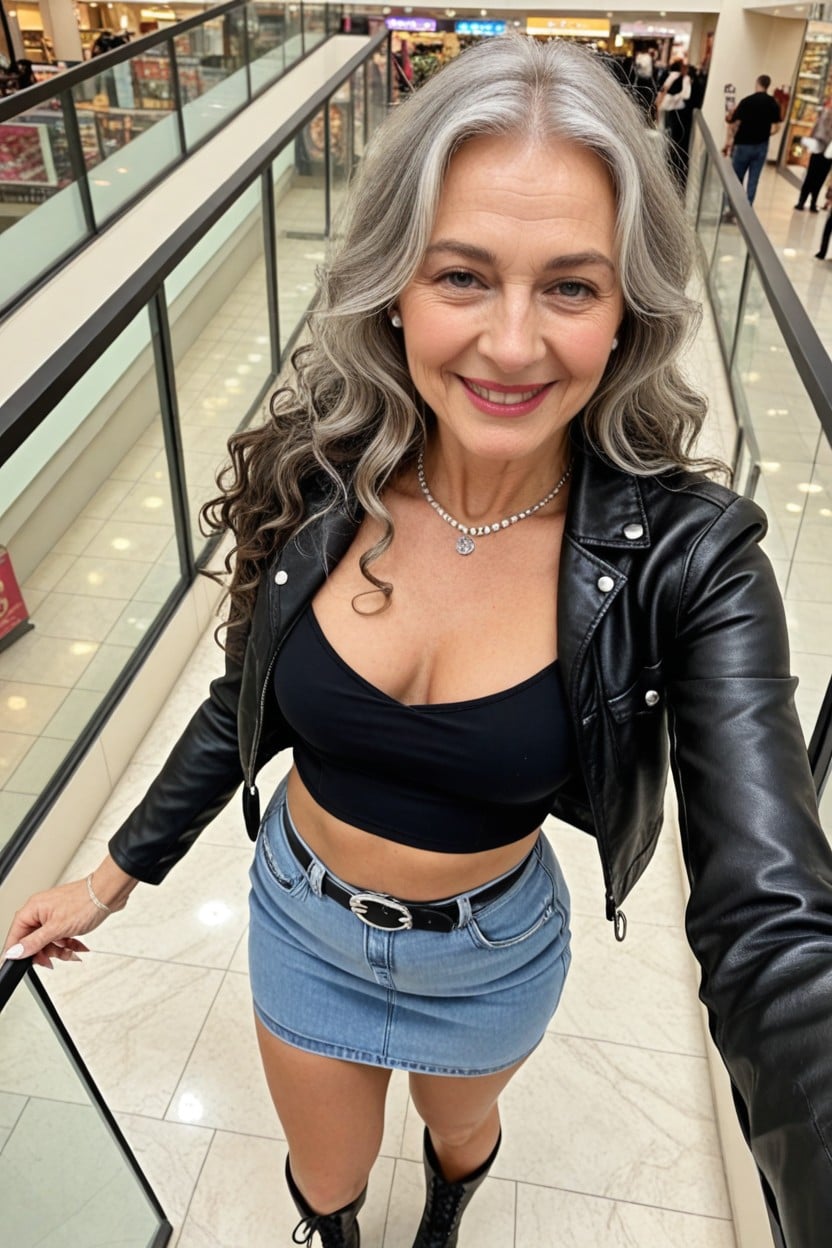 Looking At Viewer, Leather Jacket, Denim Skirt With Black Belt AI Porn