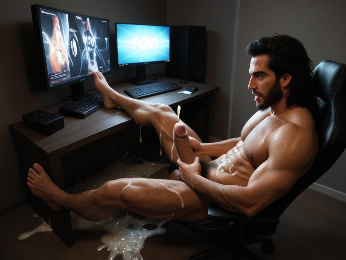 Cheveux Noirs, Looking At Computer, Hairy Balls Porno IA Gay