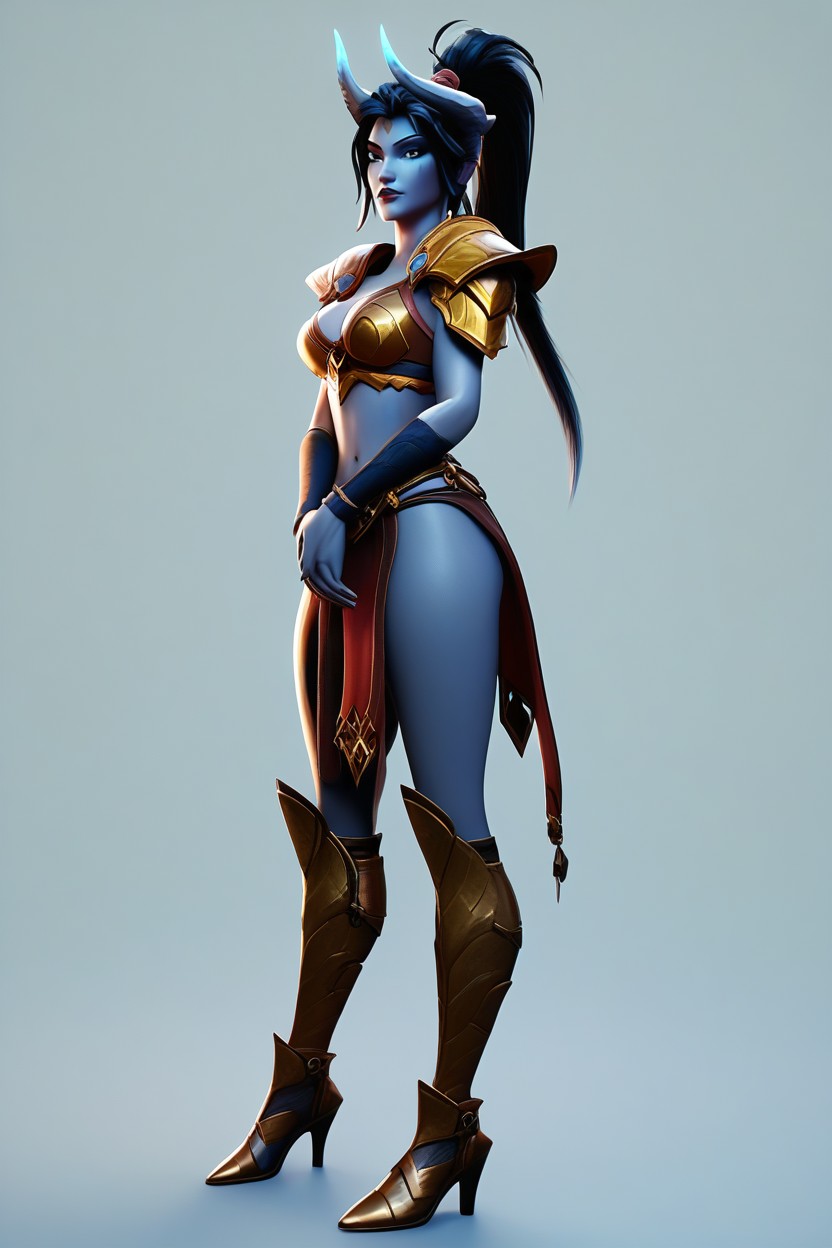 Gold Pauldrons Shoulder Pads, D Render, Wearing A Skimpy Red And Gold Armored Bra Hentai AI Porn
