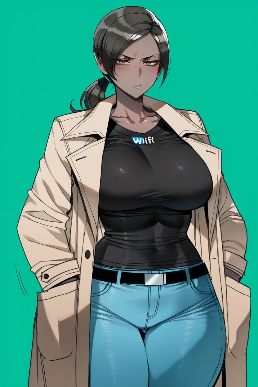 Jeans With Belt, Front View, Natural Breasts 헨타이 AI 포르노