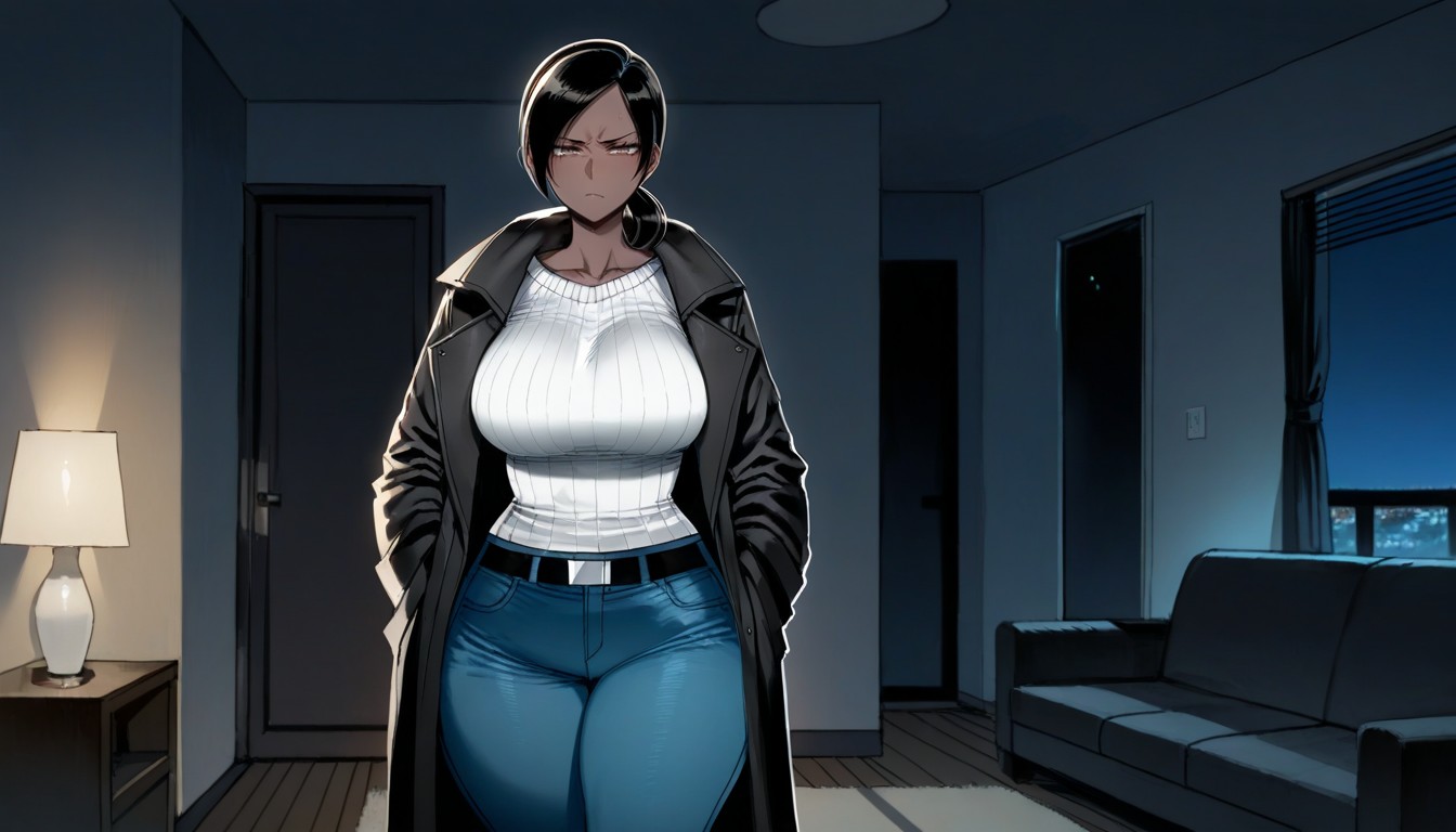 Dark Room, Wide Hips, Jeans With Belt Hentai IA