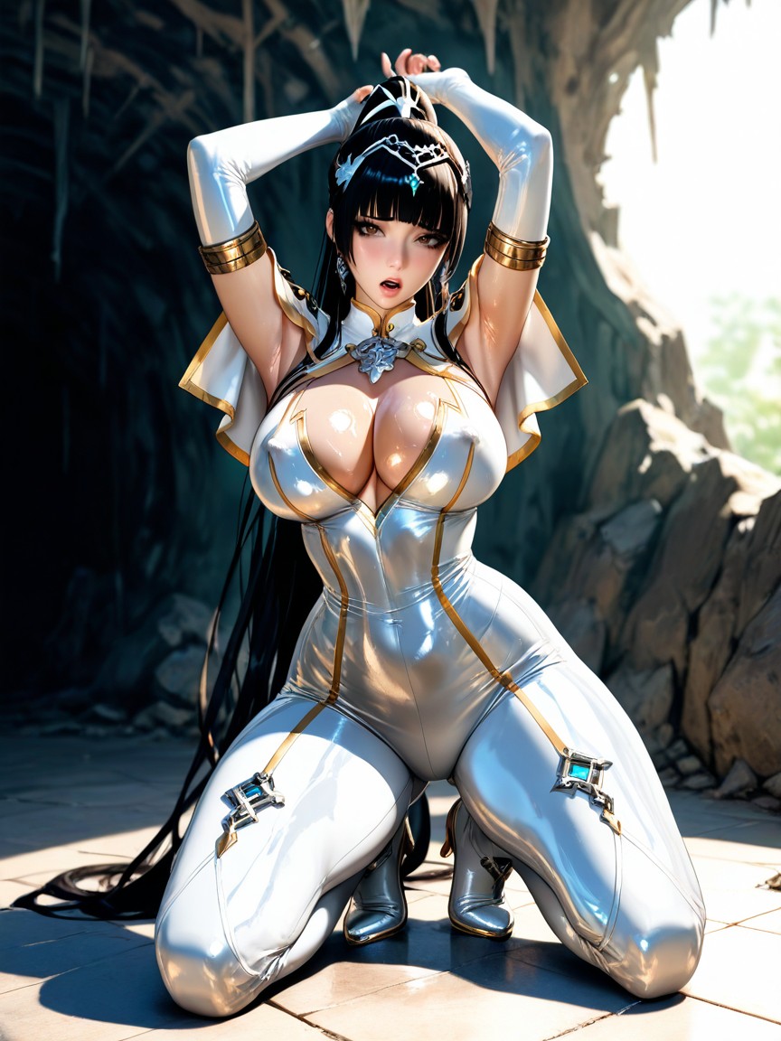 Long Ponytail, Absurdly Wide Ancient Glowing Rock Cavern Ruins, Bras En L'air Porno IA Hentai
