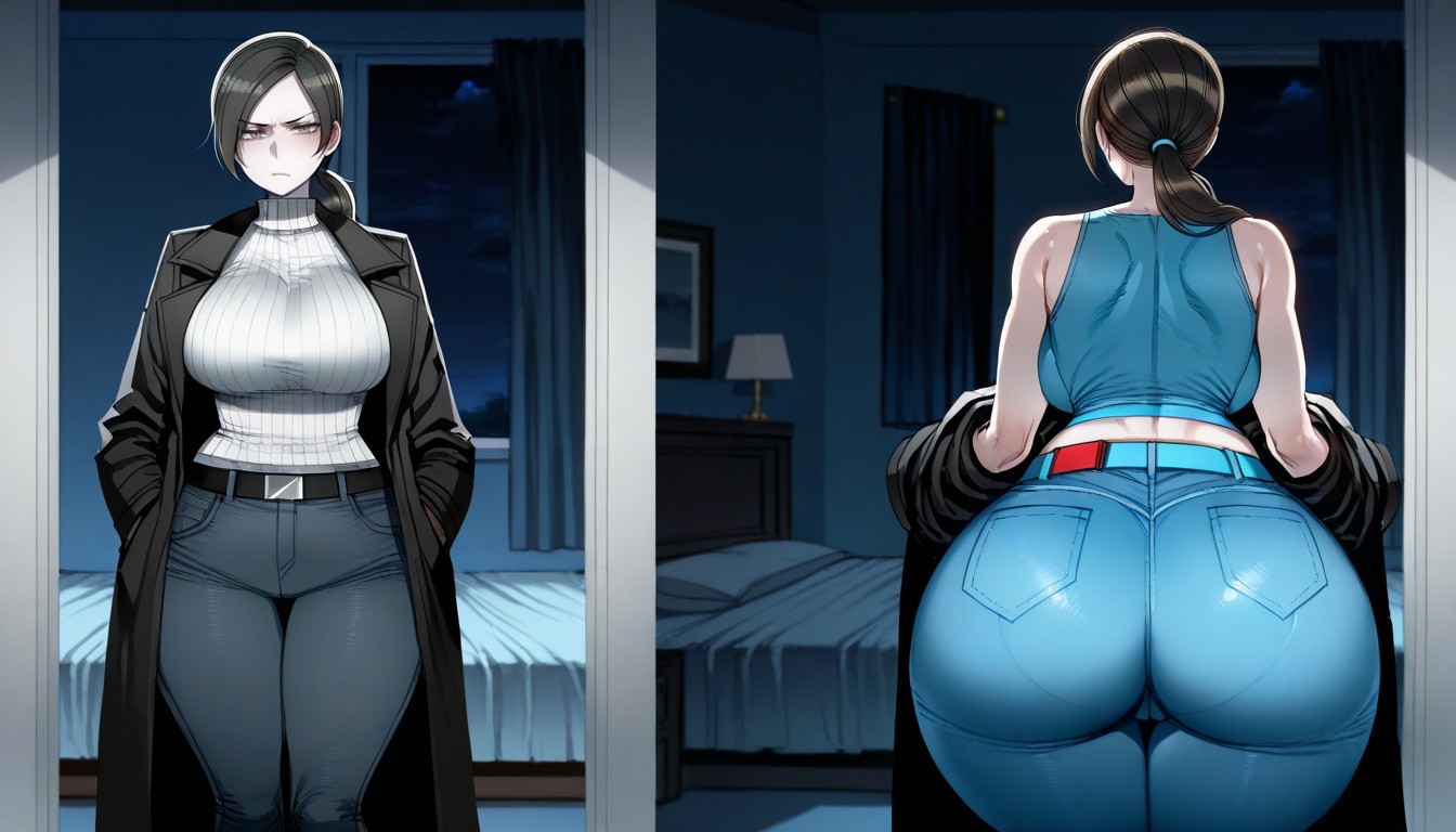 Jeans With Belt, White Sweater, Wide Hips ヘンタイAIポルノ