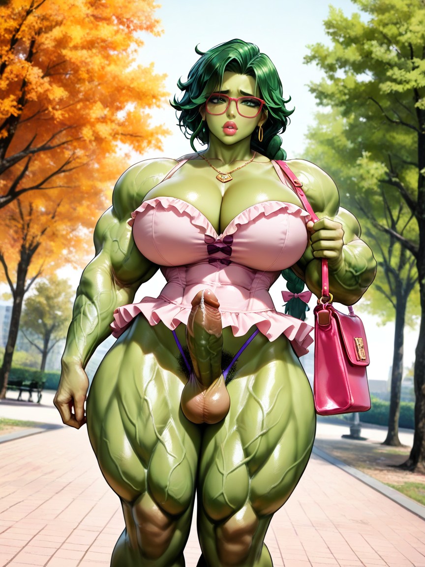 Glasses, Rounded Very Big Breasts, Big Hips ヘンタイAIポルノ