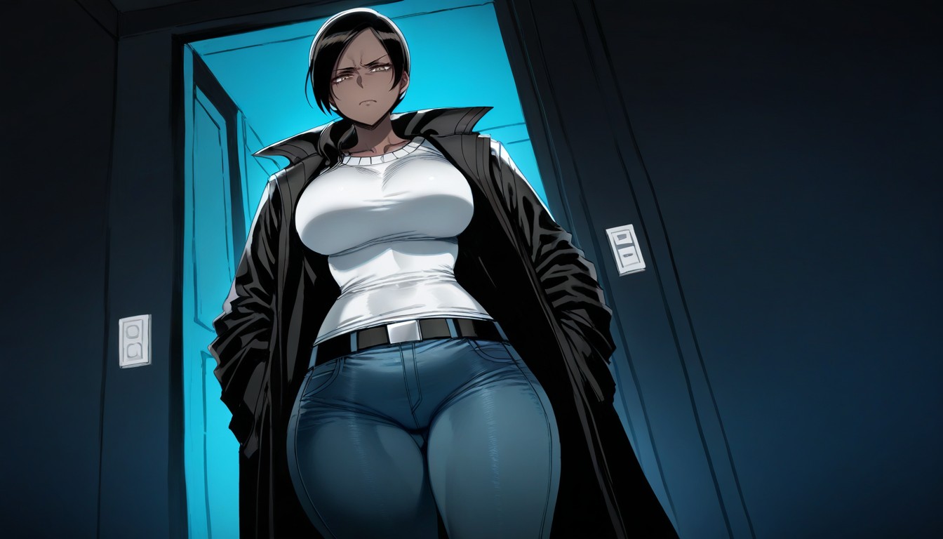 White Sweater, Black Hair, Jeans With Belt Hentai AI Porn