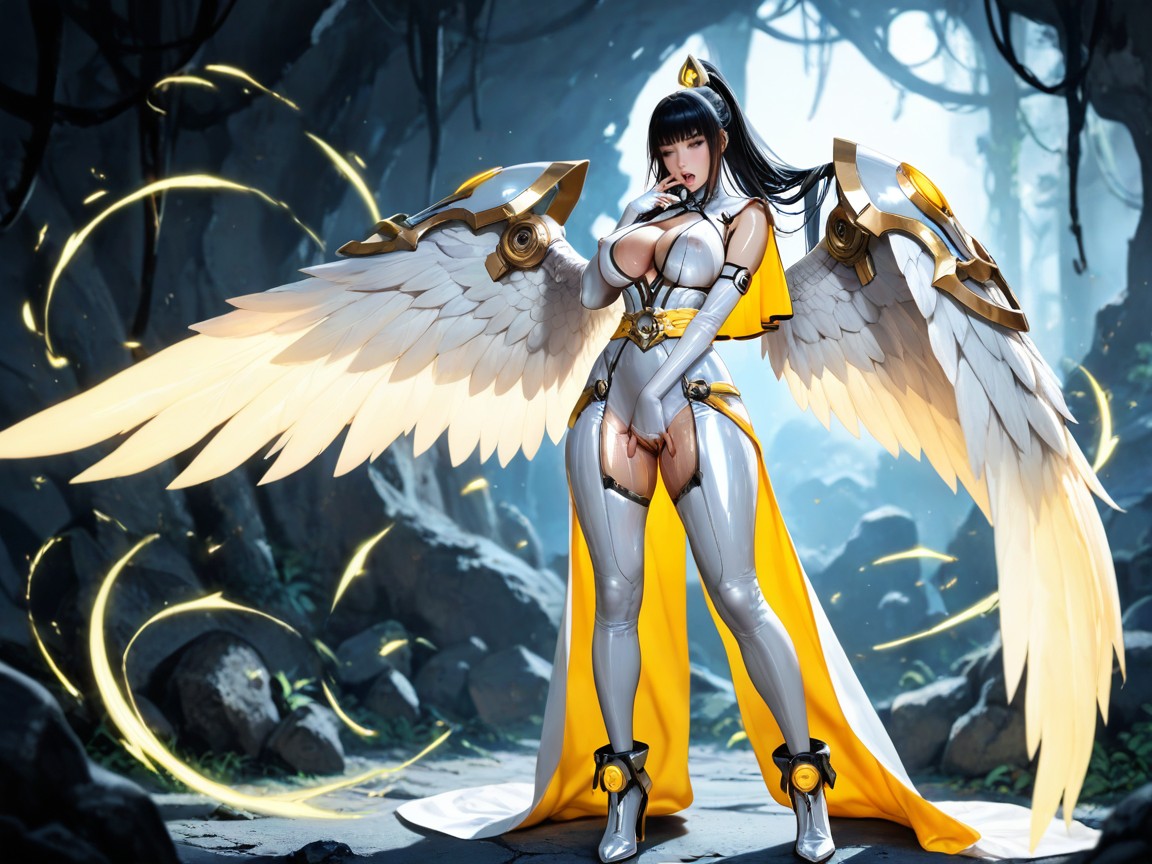 Horny, Futuristic White And Grey Sleeveless Combat Full Bodysuit, Dominant Colours Are White And Grey With Yellow Accent Trim Hentai IA