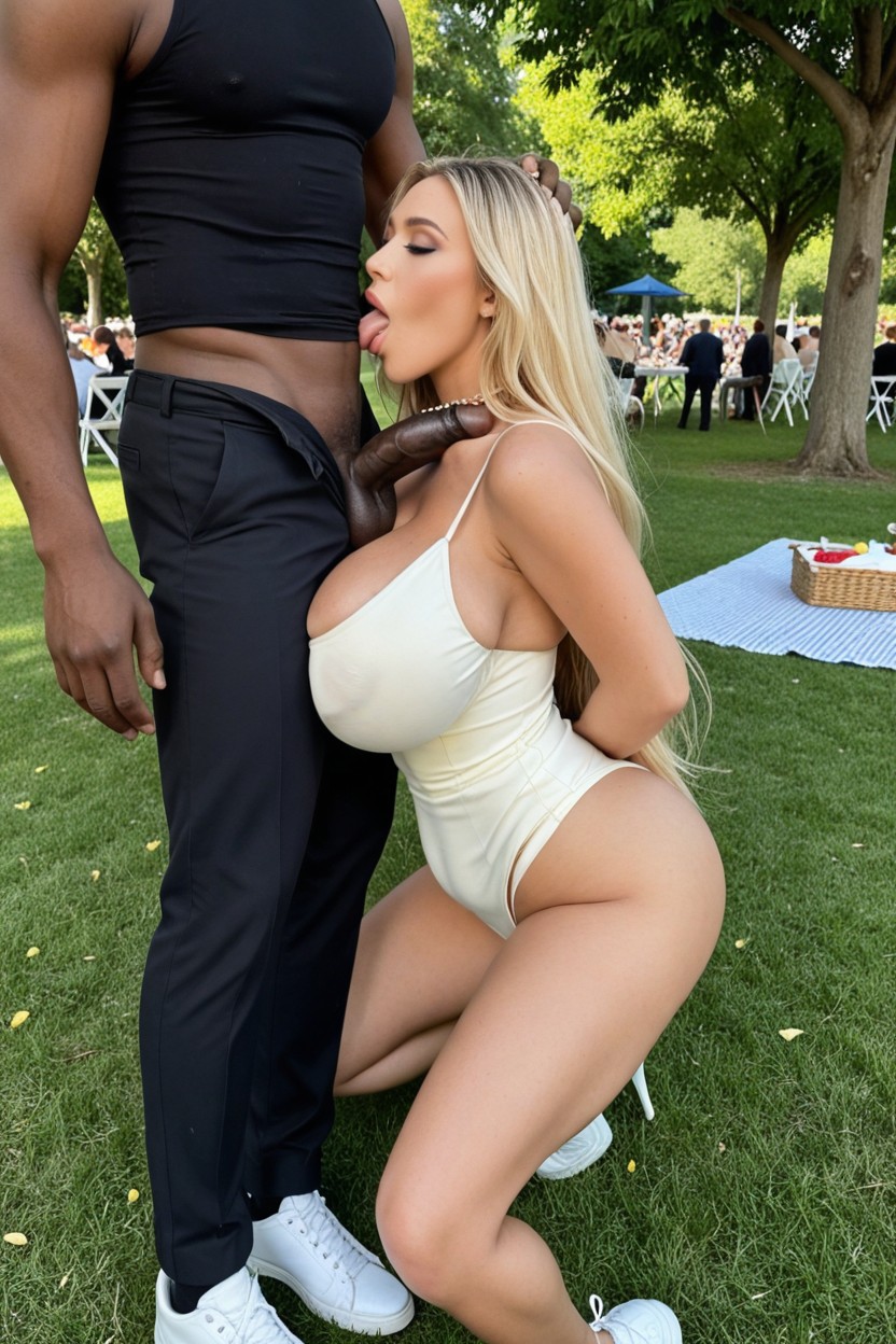 Huge Black Cocks, Knees Touching, Exaggerated Round Cleavage Pornografia de IA
