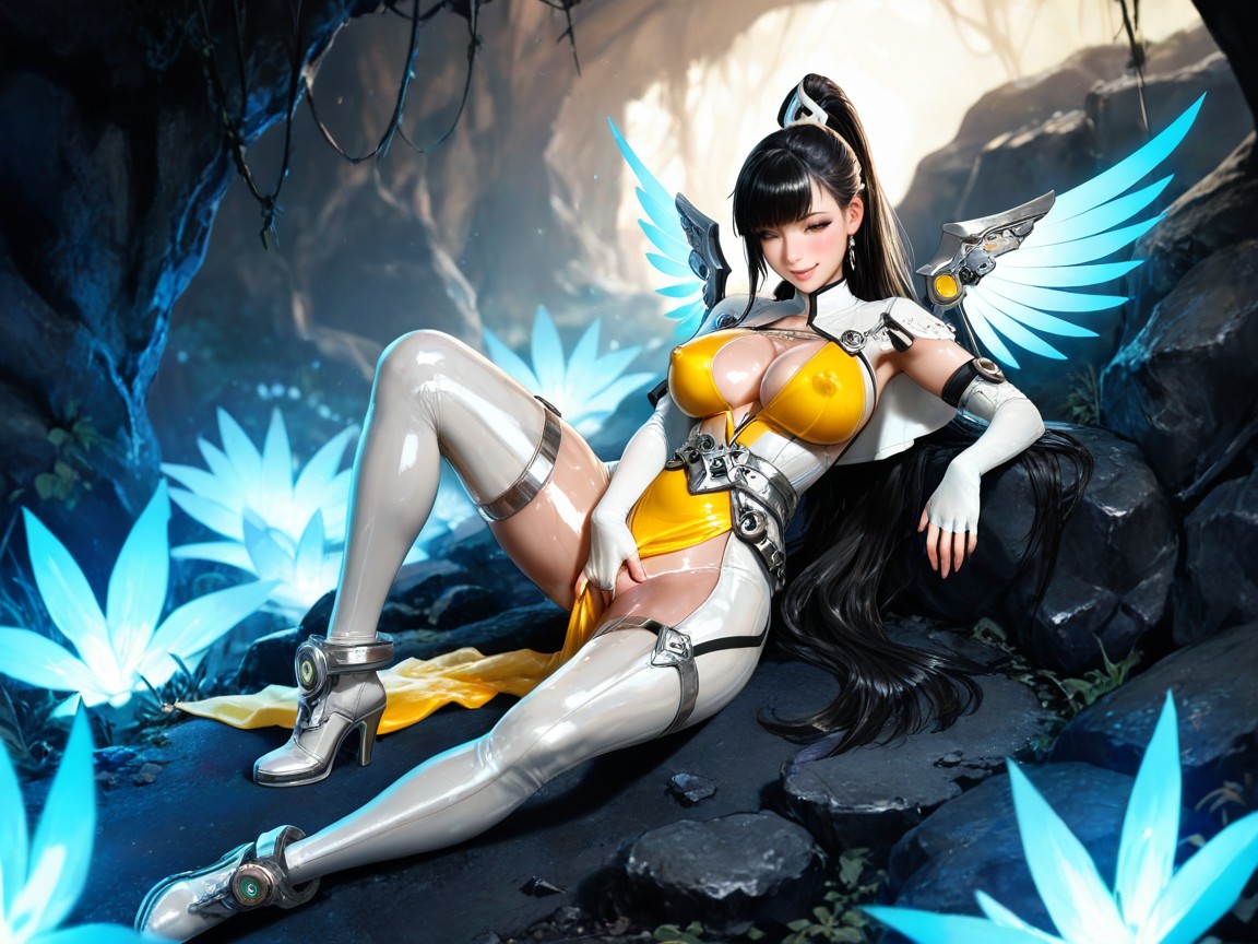 One Massive White Gothic Angel Wing Larger Than Body, Ultra Quality, Very Cropped Capelet ヘンタイAIポルノ