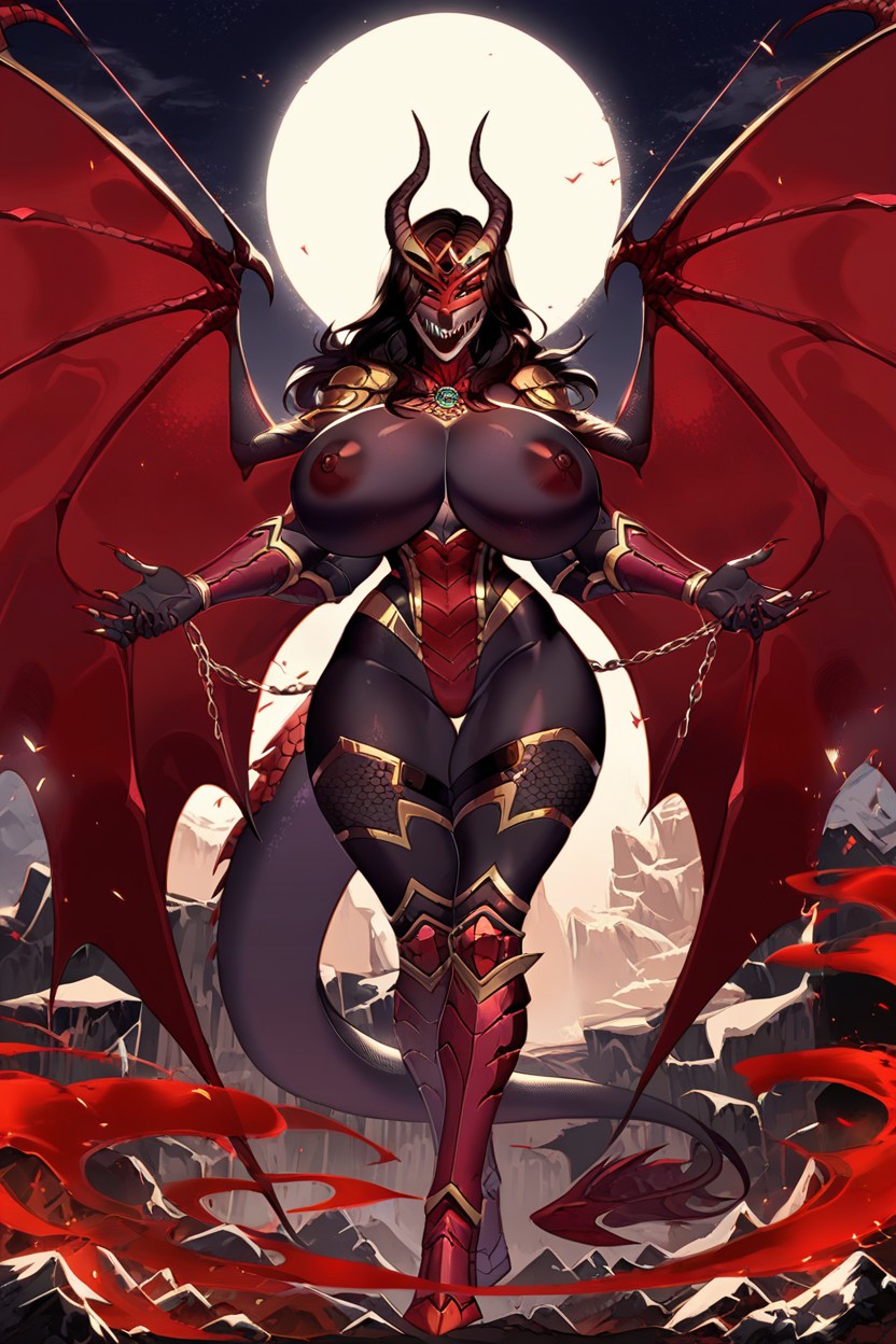 Dark Nipples, Nude, Red Dragon Scale Wings Furry IA