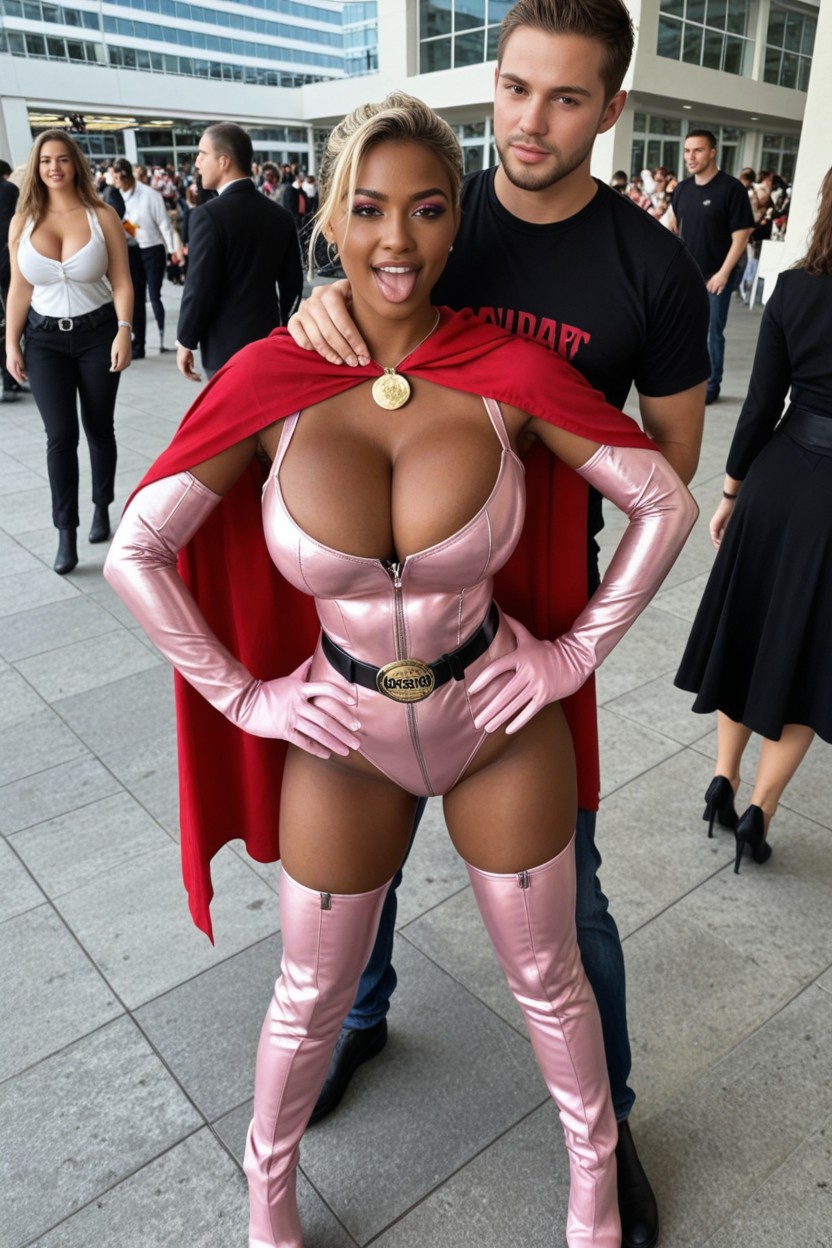 Man Is Grabbing Her Hips, Skintight Pink Bodysuit With Very Low Featuring Cleavage Perfectly, Cosplay Porno IA