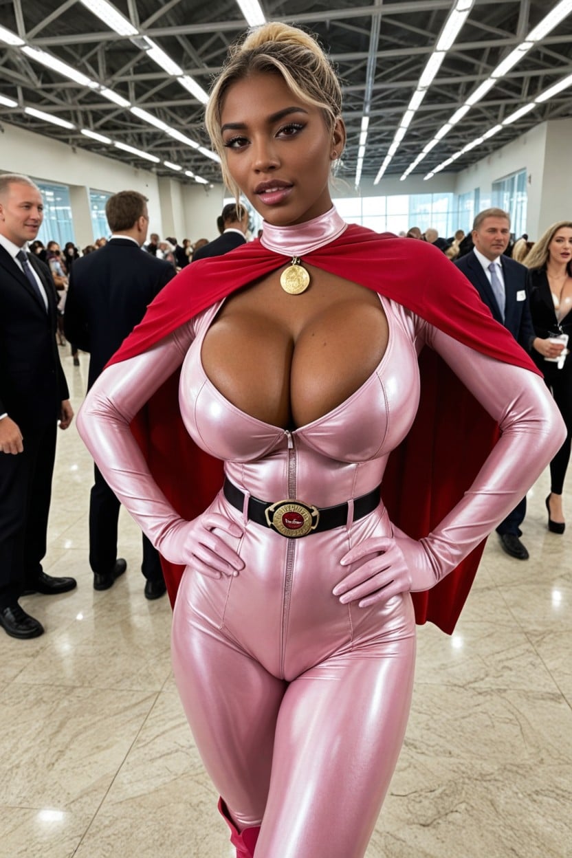 Dressed Like Powergirl, Thick, Shredded Latex Bodysuit AI Porn
