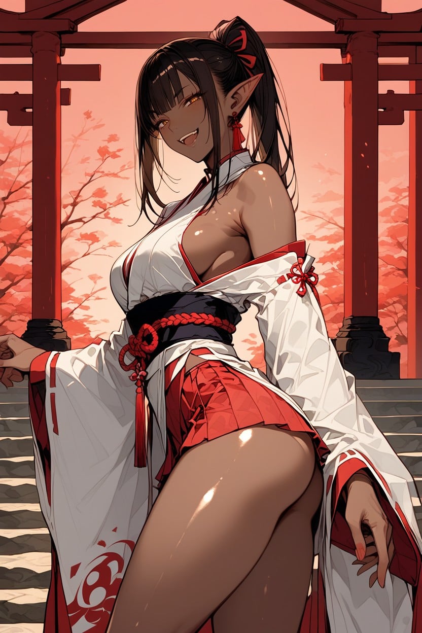 Temple Gate In The Background, Blue Sky In Background, Dark Brown Skin Hentai AI Porn