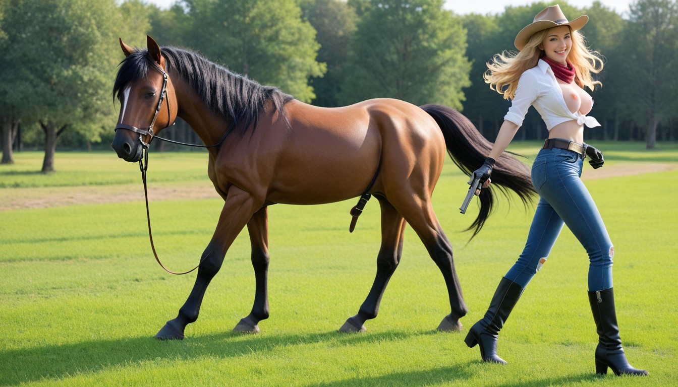 Scarf Tied On Neck, On Horseback, Long Blond Hair 아시아 AI 포르노