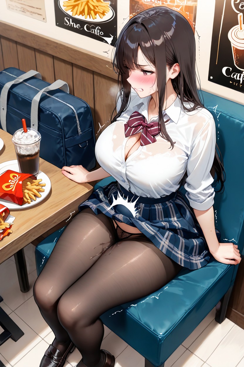 They Sitting On A Chair Next To The Table, Navy Checked Skirt, Clenching Teeth Hentai IA
