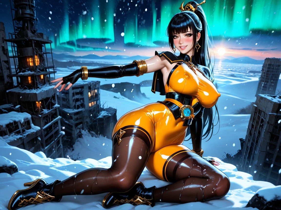 Skinny, Straight Ponytail, Dominant Colours Are White And Grey With Yellow Trim Hentai AI Porn
