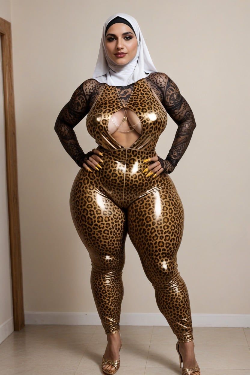 Extremely Large Ass, One Hand On Hip, Focus On Hijab In Leopard Print Jumpsuit AI Porn