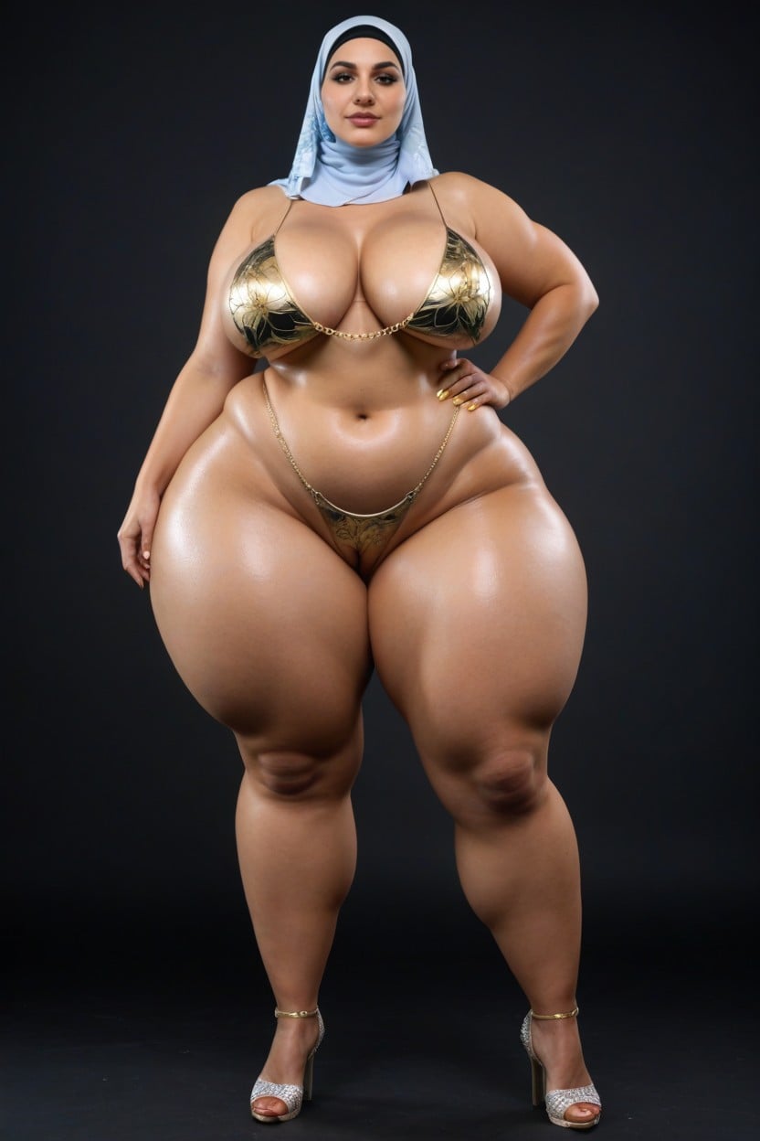 Massive Huge Natural Breasts In Complete Blue Floral Print In Gold Bodysuit, 18+, Gold Nipple Chain AI Porn