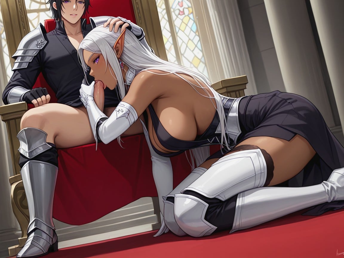 Wearing A Black Gothic Full Plate Armour With Black Gauntlets And Greaves, Straight Silver Hair, Tongue Licking Man Penis Hentai AI Porn