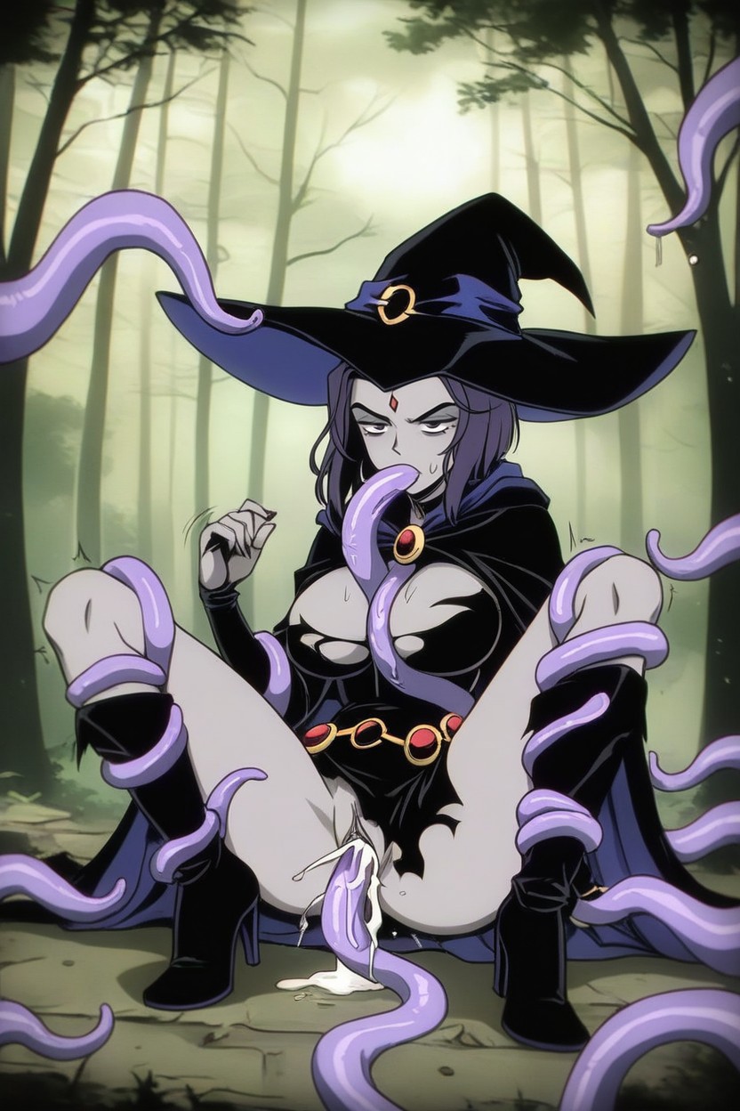 Ripped Clothes, Black High Heels, Glowing Purple Tentacles Hentai AI Porn