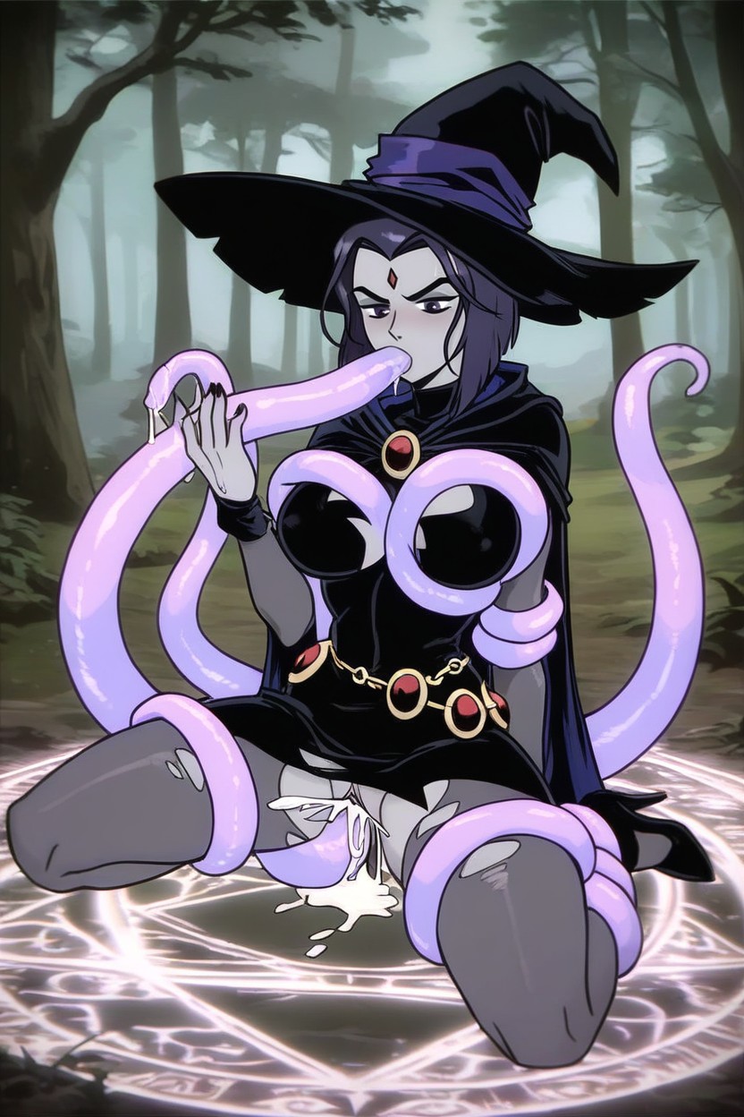 Raven Laying On Her Back, Forest, Black High Heels Hentai IA