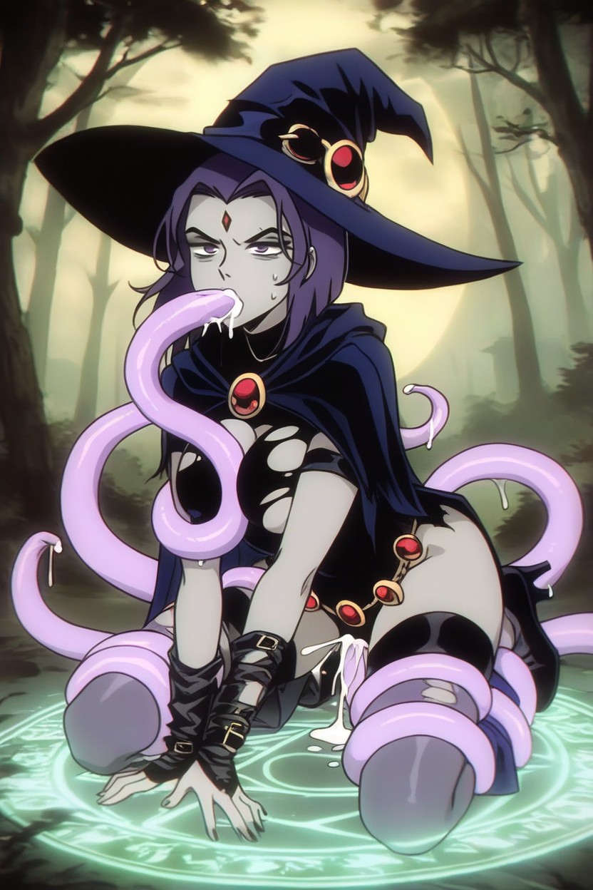 Nighttime, Raven Laying On Her Back, Tentacles Between Breasts Hentai AI Porn