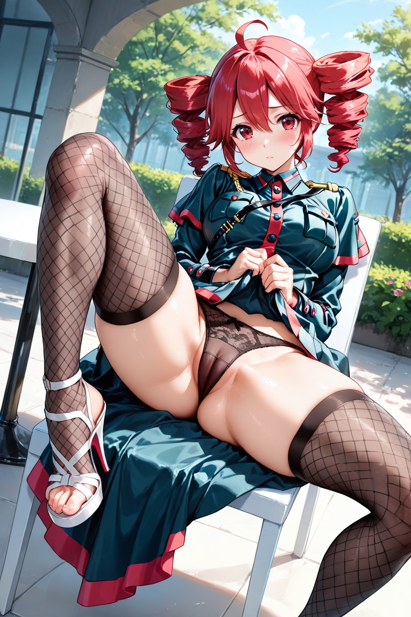 Table, M-spreading Legs, White Open Toe High Heels Hentai AI Porn