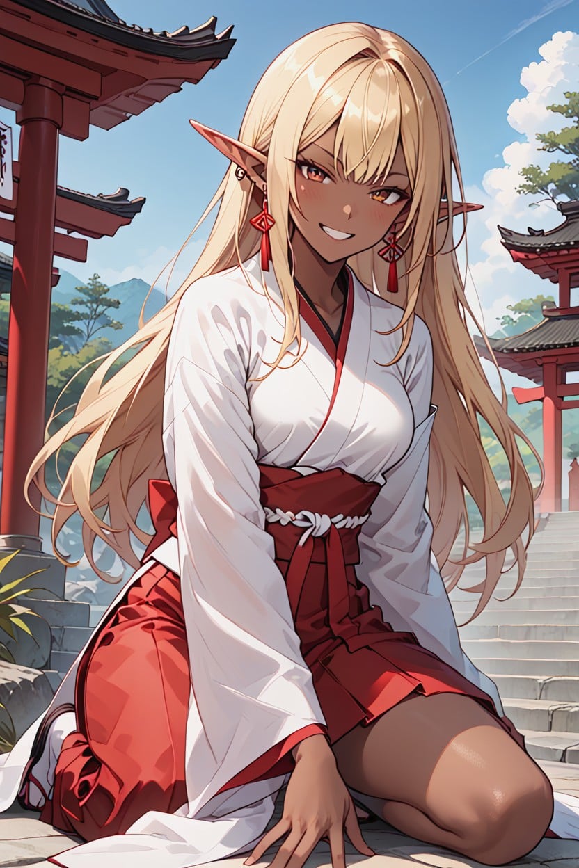 Shrine Maiden, Temple Gate In The Background, Kneeling On The Stairs Hentai IA