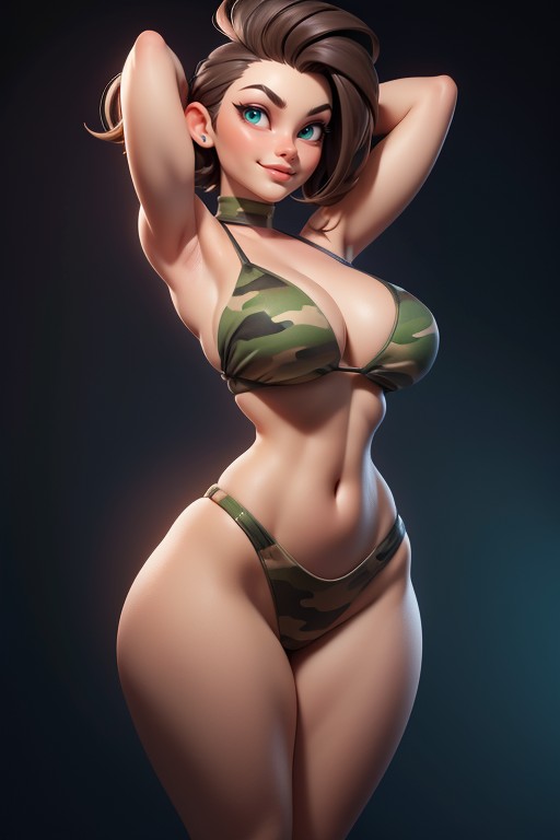 Arms Up In Front Of Face In Hugging Pose, Sexy Woman Soldier Lady Jaye, Pixie Cut Hentai AI Porn