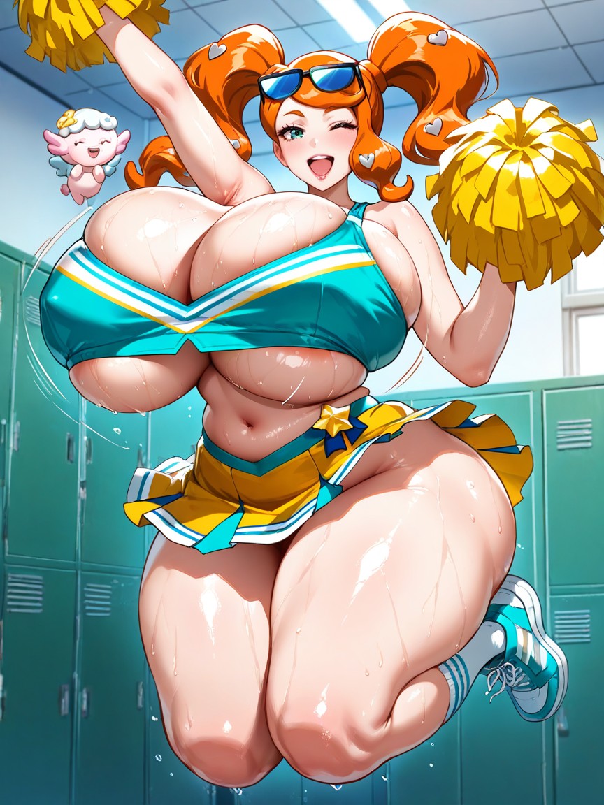 Large Brown Bimbo Lips, Holding Pompom, Cherub Face AI Porn