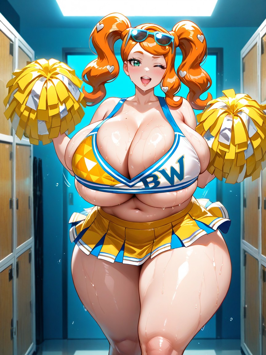 Peace Sign, Nip Slip, Yellow Skimpy Cheerleader Skirt AI Porn