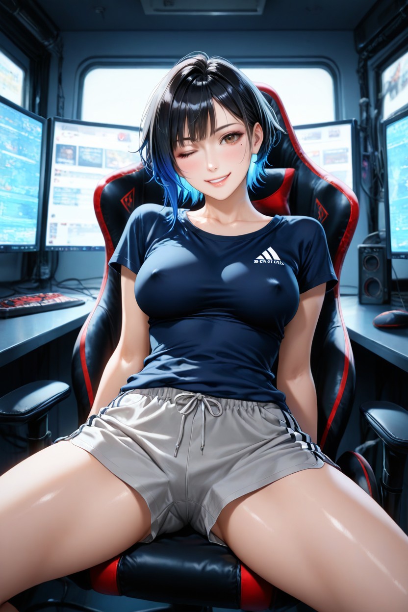 Waist, Sitting In A Gaming Chair Looking At The Observer, Fair Skin Hentai AI Porn