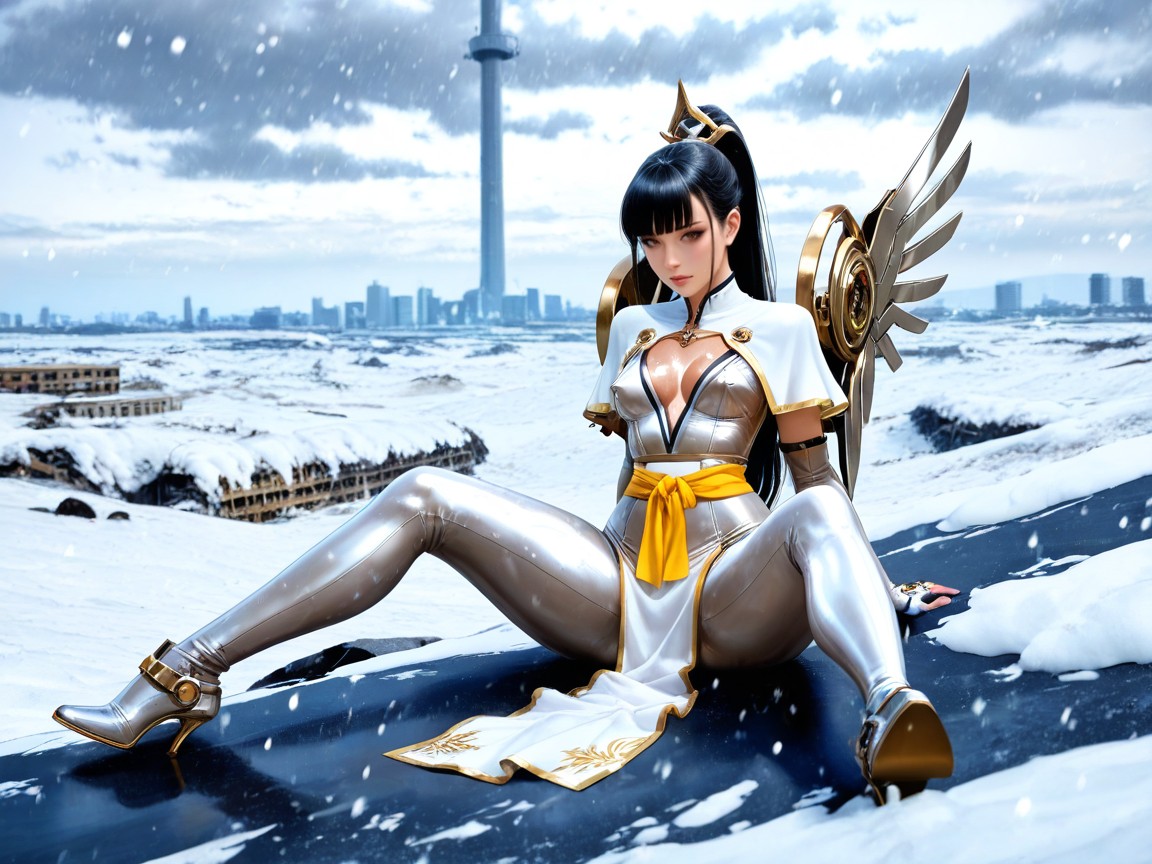 Across The Water, Very Cropped Capelet, Dominant Colours Are White And Grey With Ornate Yellow Trim Hentai AI Porn