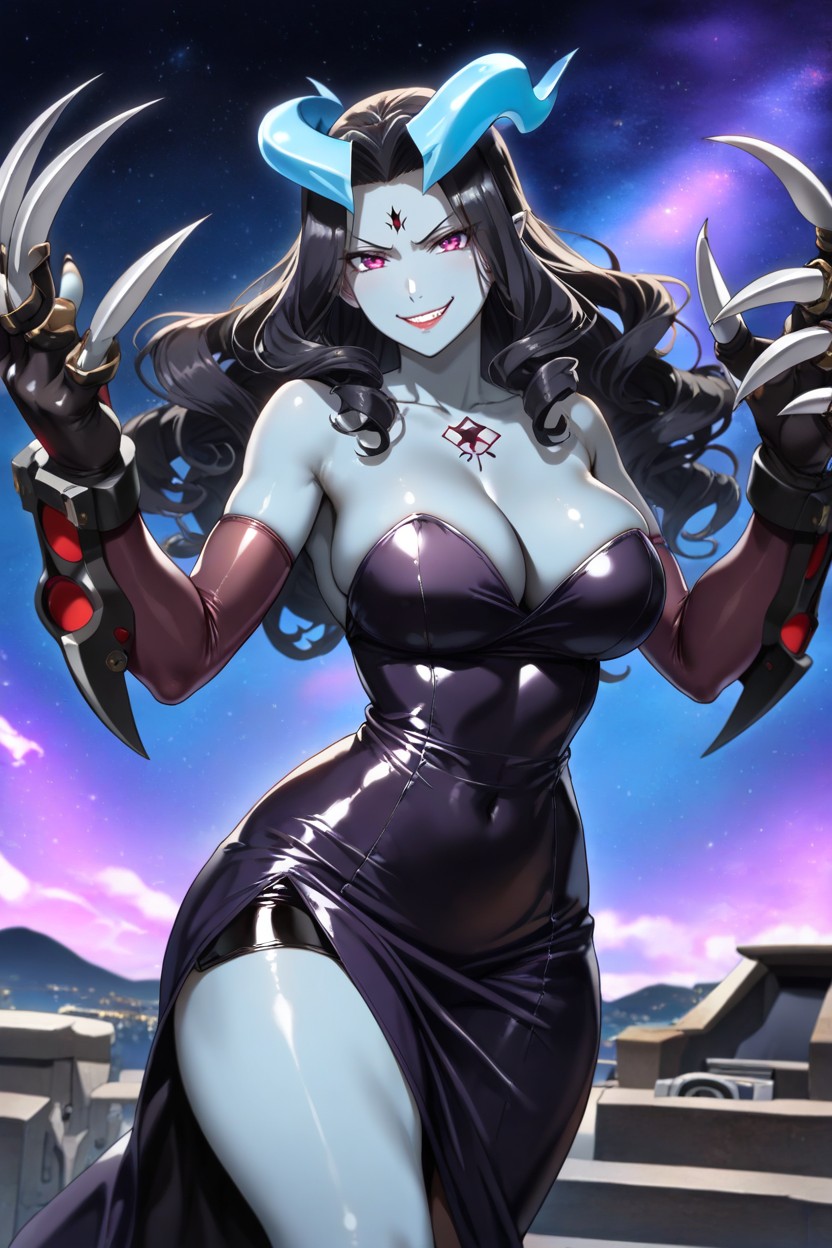 Curly, Starry Night Sky, Blue Curved Horns Hentai AI Porn
