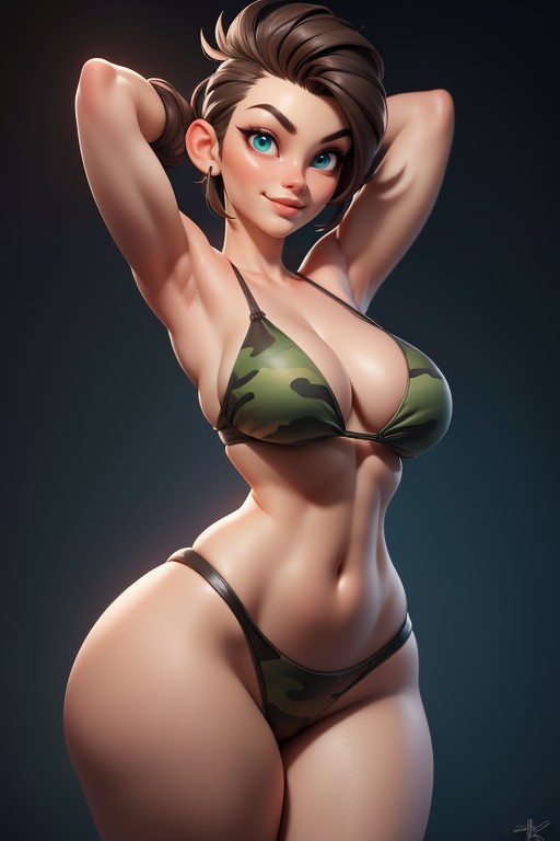 Large Breasts, Brazos Arriba, Green And Black Military Camouflage Bikini Hentai IA