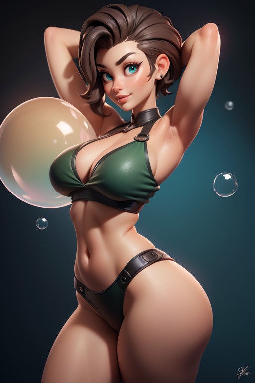 Rear View Of Large Round Ass, Sexy Confident Smirk Expression, Brown Hair In A Mohawk Hair Style Hentai IA