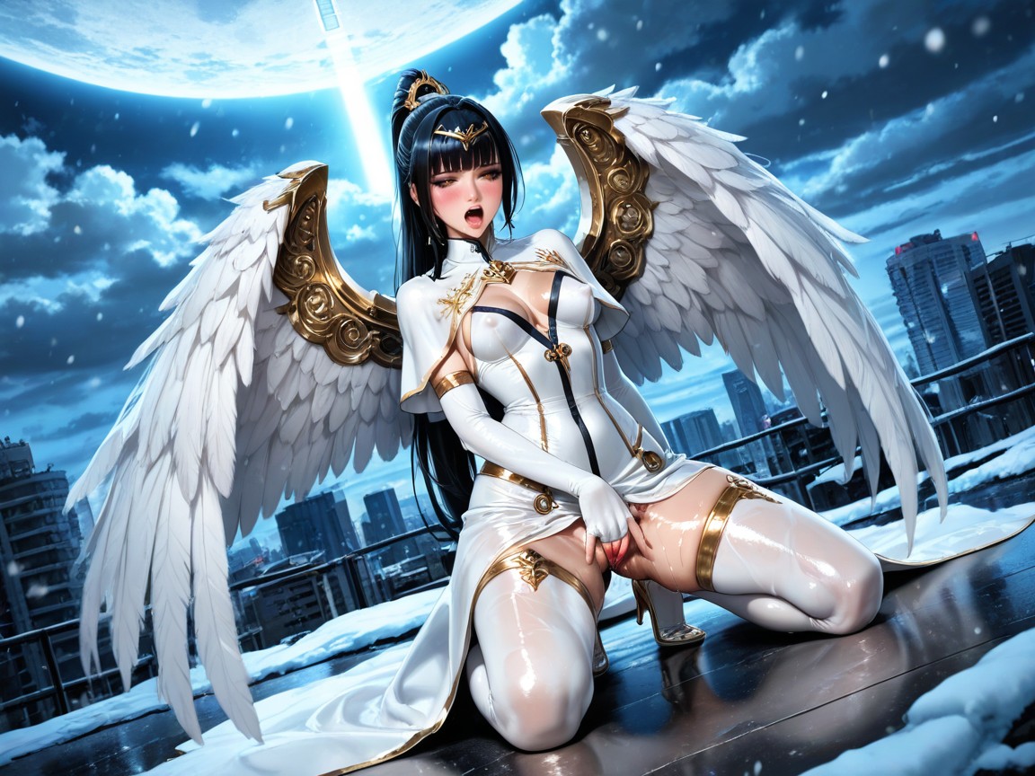 One Massive White Gothic Angel Wing, Dramatic Rolling Clouds, Massive Space Elevator Port Hentai IA