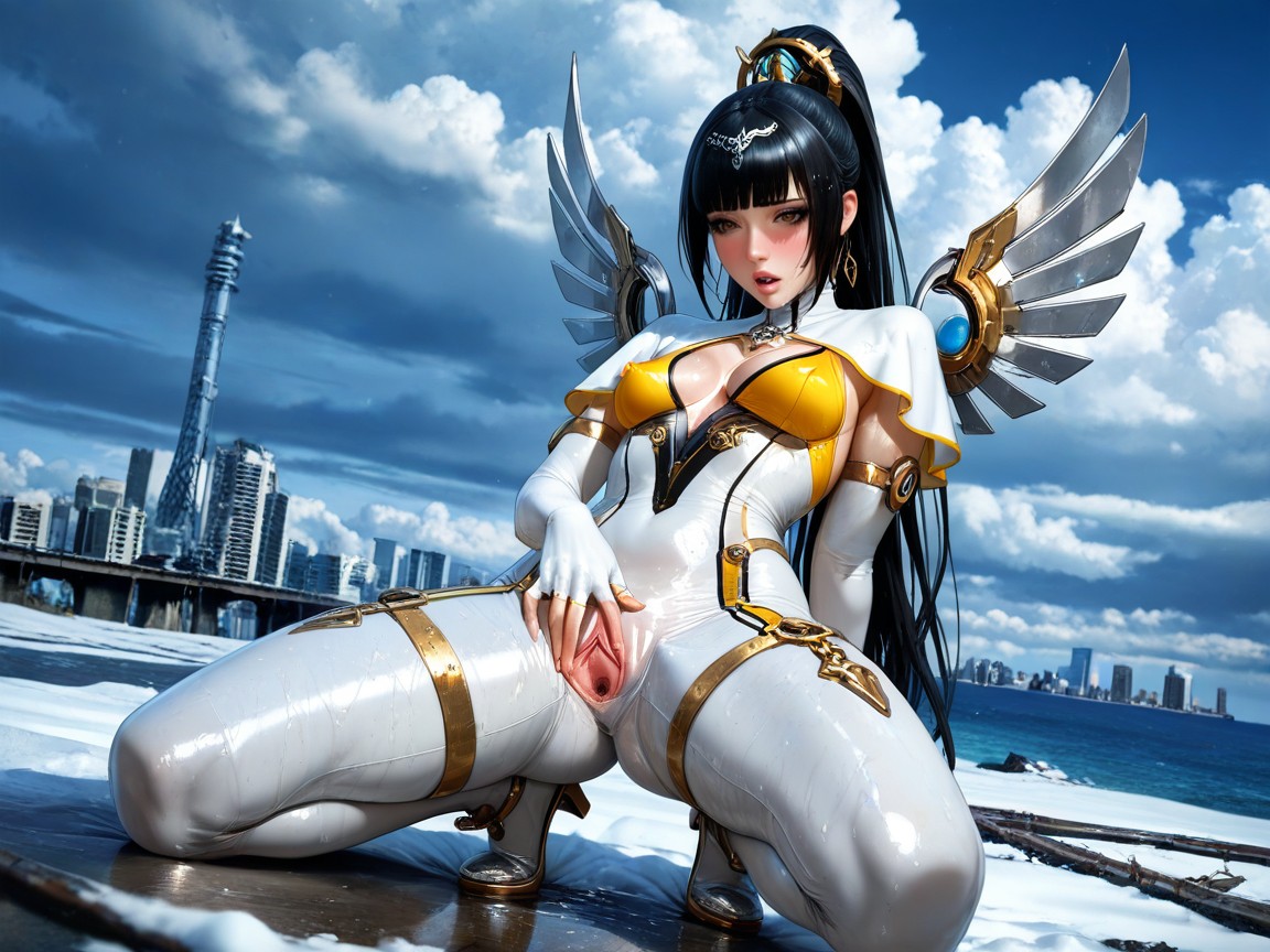 One Massive White Gothic Angel Wing, Snow Covered Cliff Overlooking The Sea, Very Cropped Capelet Hentai AI Porn