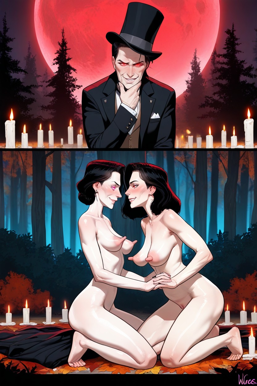 Eyes Half Closed, Red Moon, A Pale Persian Ethereal Evil Witch Woman Hentai AI Porn