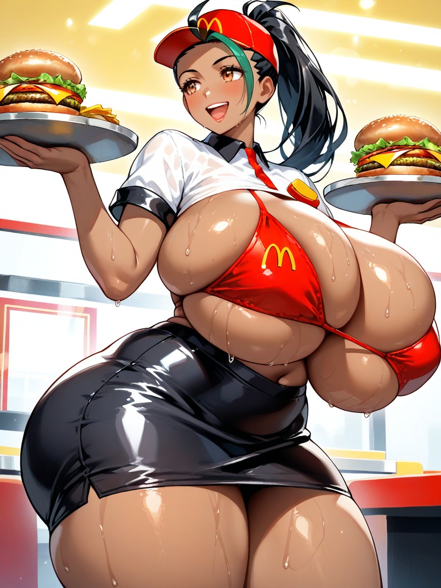 Large Brown Bimbo Lips, High Ponytail, Mcdonalds Uniform AI Porn
