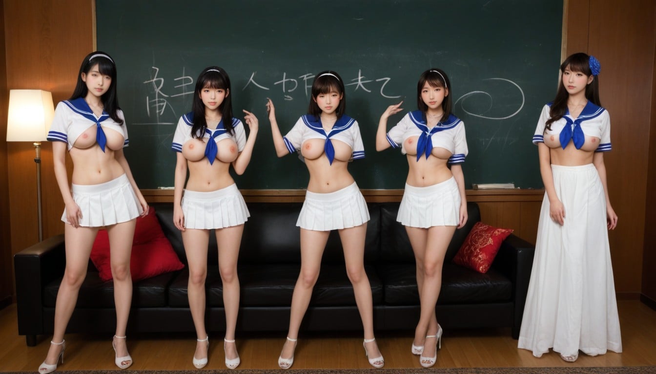 Long Legs, Stand In Front Of Long Couch And Board, Big Breasts AI Porn